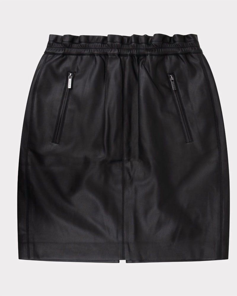 Front of a model wearing a size Extra Large Faux Leather Skirt In Black in Black by ESQUALO. | dia_product_style_image_id:353767